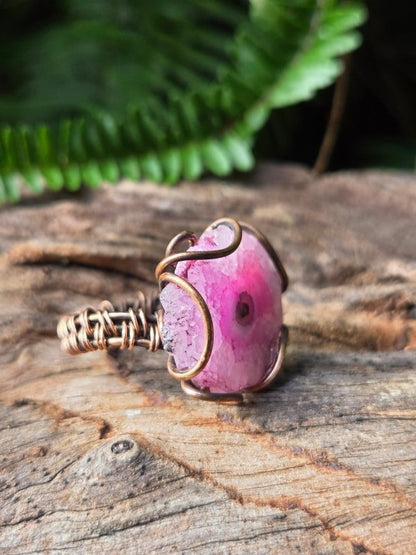 Pink Druzy Agate Copper Wire Wrapped Ring - Jewellery Australia