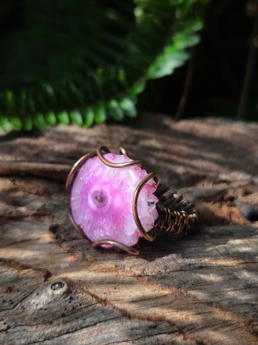 Pink Druzy Agate Copper Wire Wrapped Ring - Jewellery Australia