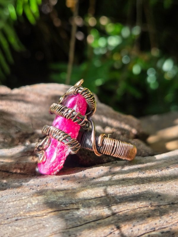 Pink Druzy Agate Copper Wire Wrapped Ring - Jewellery Australia