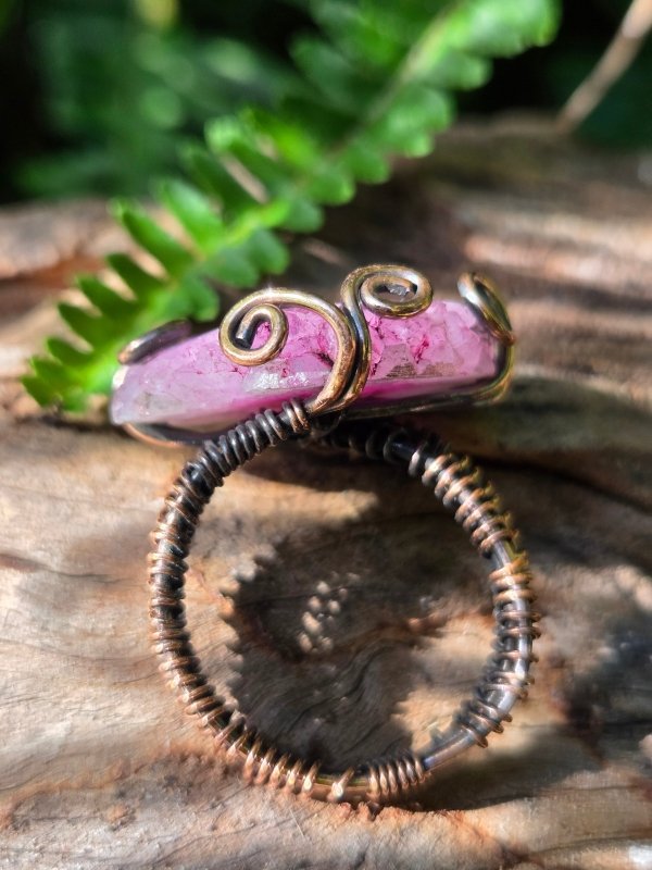 Pink Druzy Agate Copper Wire Wrapped Ring - Jewellery Australia