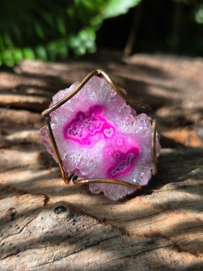 Pink Druzy Agate Copper Wire Wrapped Ring - Jewellery Australia