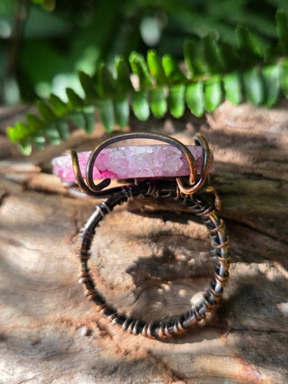 Pink Druzy Agate Copper Wire Wrapped Ring - Jewellery Australia