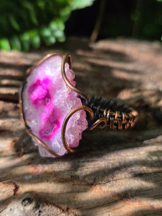 Pink Druzy Agate Copper Wire Wrapped Ring - Jewellery Australia