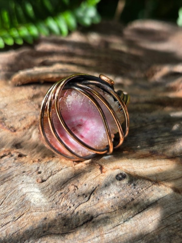 Pink Druzy Agate Copper Wire Wrapped Ring - Jewellery Australia