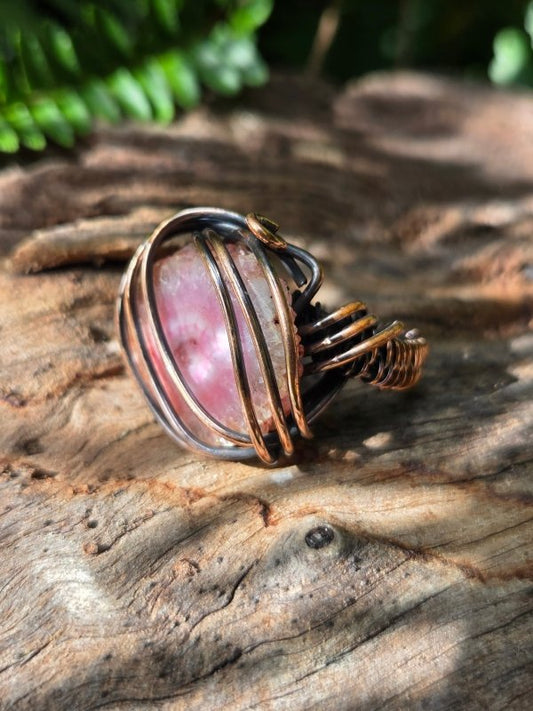 Pink Druzy Agate Copper Wire Wrapped Ring - Jewellery Australia