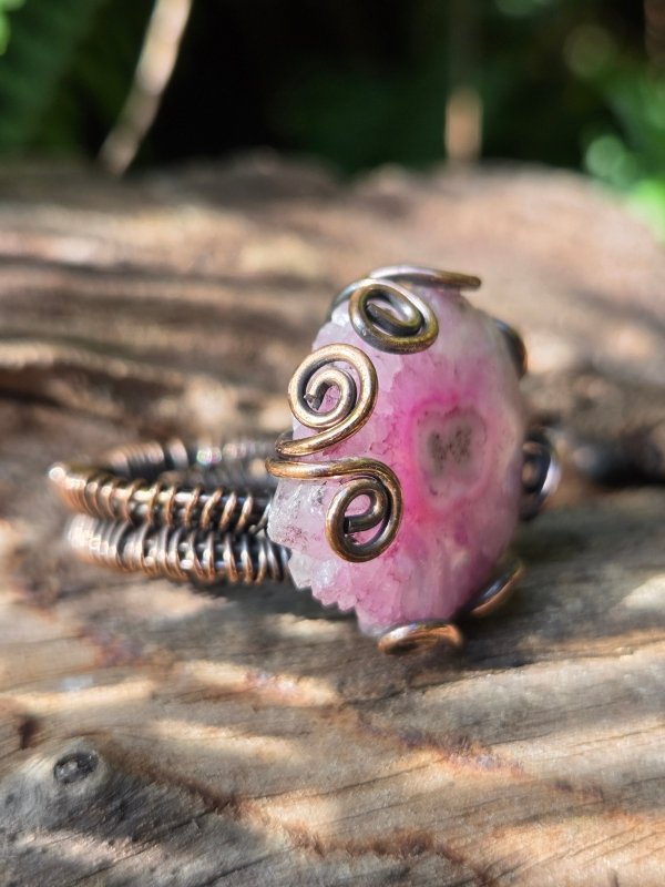 Pink Druzy Agate Copper Wire Wrapped Ring - Jewellery Australia