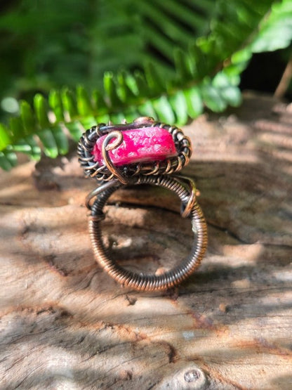Pink Druzy Agate Copper Wire Wrapped Ring - Jewellery Australia