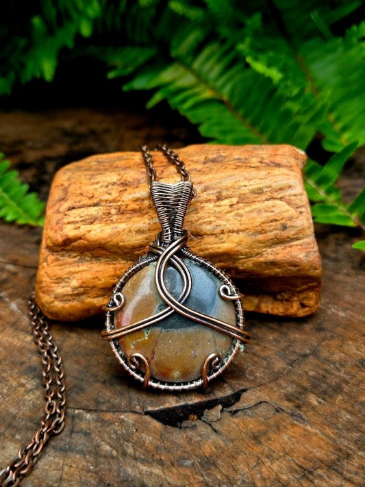 Polychrome Jasper Copper Wire Wrapped Handmade Pendant Necklace - Jewellery Australia