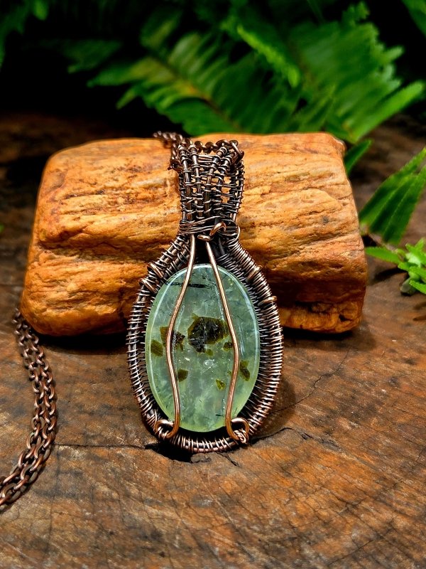 Prehnite Copper Wire Wrapped Handmade Pendant Necklace - Jewellery Australia