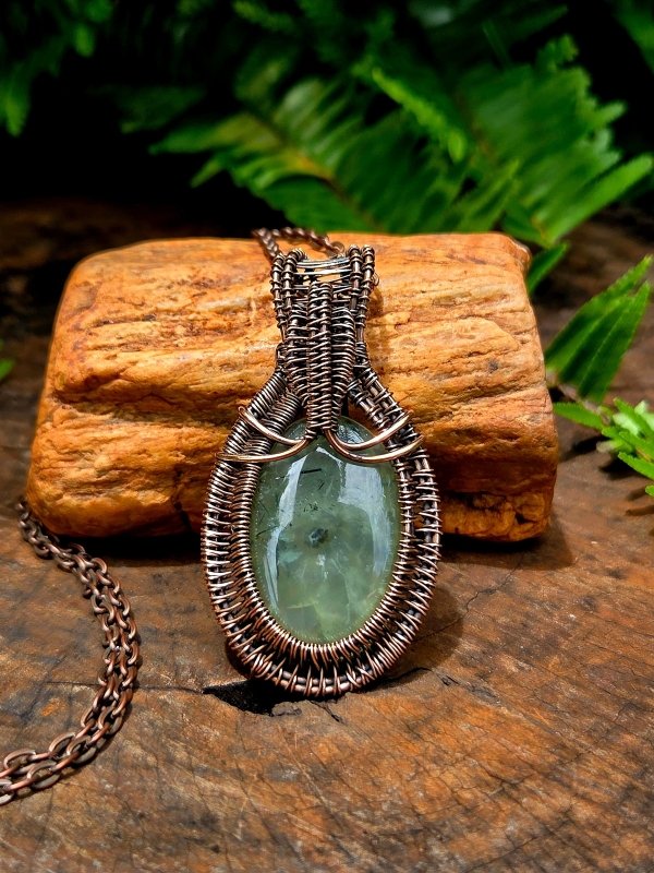Prehnite Copper Wire Wrapped Handmade Pendant Necklace - Jewellery Australia