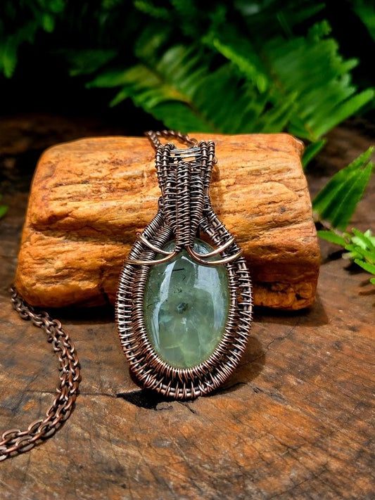Prehnite Copper Wire Wrapped Handmade Pendant Necklace - Jewellery Australia