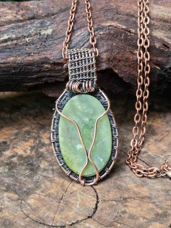 Prehnite Copper Wire Wrapped Pendant Necklace - Jewellery Australia