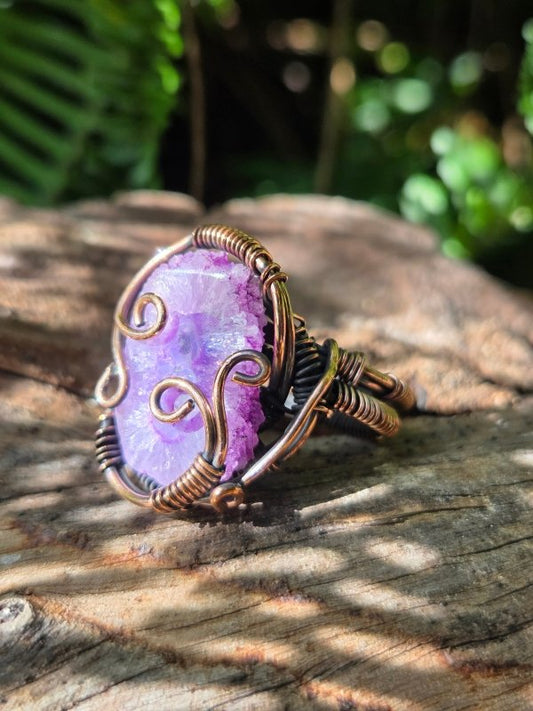 Purple Druzy Agate Copper Wire Wrapped Ring - Jewellery Australia