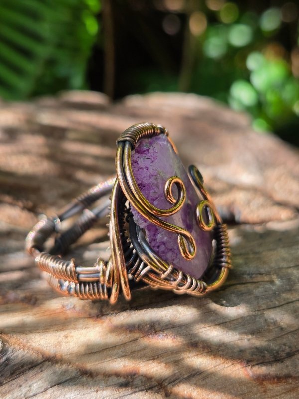 Purple Druzy Agate Copper Wire Wrapped Ring - Jewellery Australia