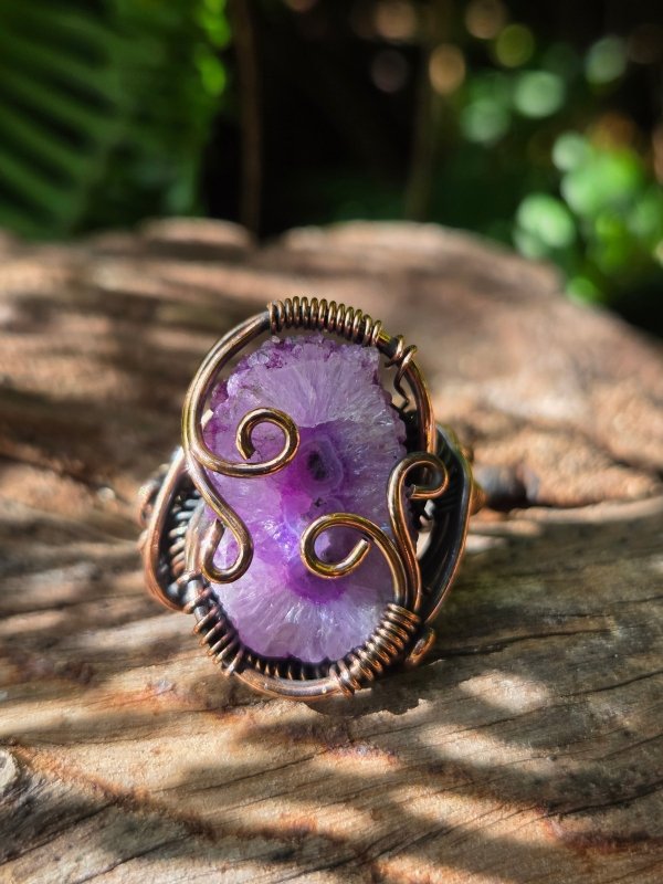 Purple Druzy Agate Copper Wire Wrapped Ring - Jewellery Australia