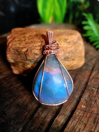 Purple Labradorite Copper Wire Wrap Pendant Necklace - Copper Wire Wrap Crystal Australia