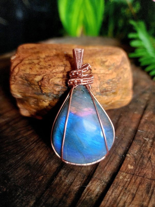 Purple Labradorite Copper Wire Wrap Pendant Necklace - Copper Wire Wrap Crystal Australia