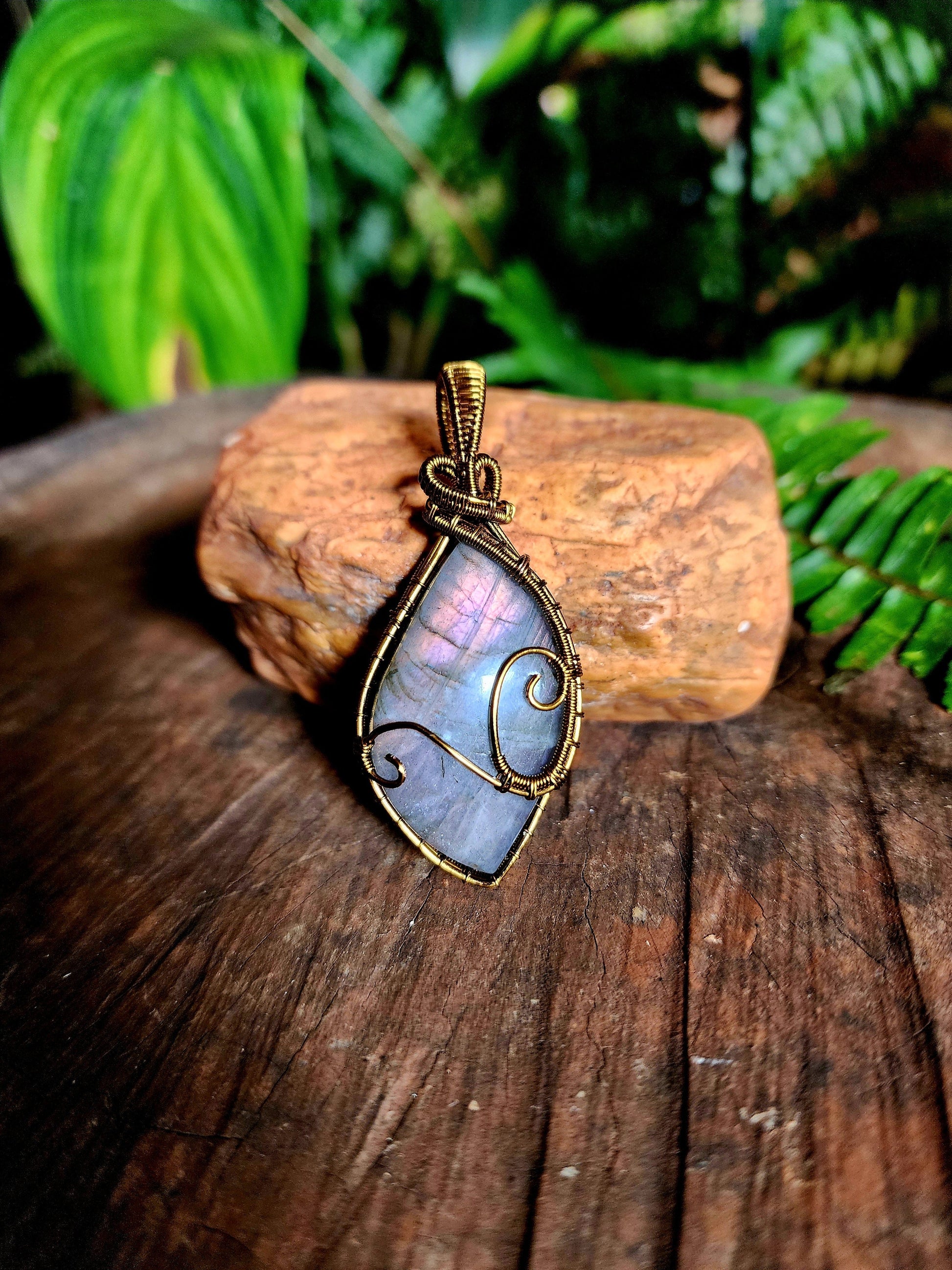 Copper Wire Wrap Crystal Purple Labradorite Copper Wire Wrapped Handmade Pendant Bronze