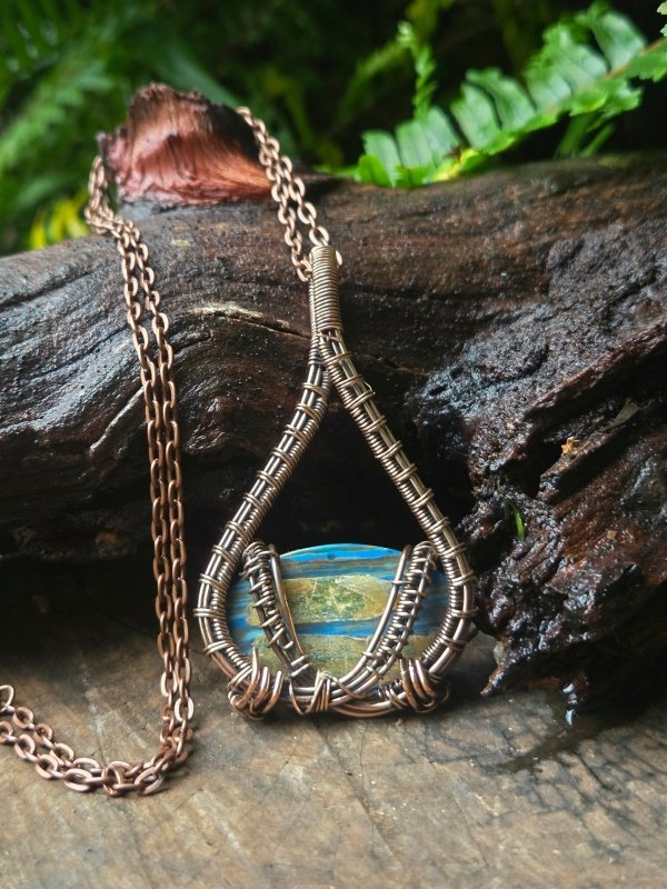 Rainbow Calsilica Copper Wire Wrapped Handmade Pendant Necklace - Jewellery Australia