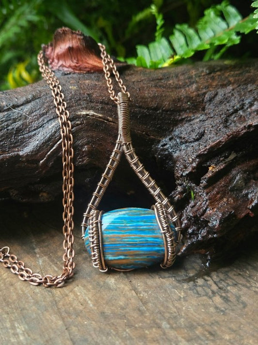 Rainbow Calsilica Copper Wire Wrapped Handmade Pendant Necklace - Jewellery Australia