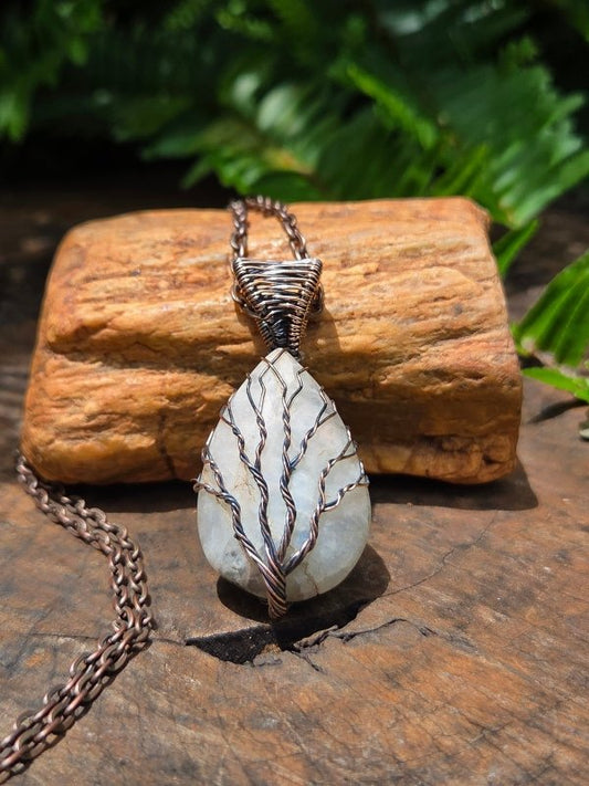 Rainbow Moonstone Copper Wire Wrapped Handmade Pendant Necklace - Jewellery Australia