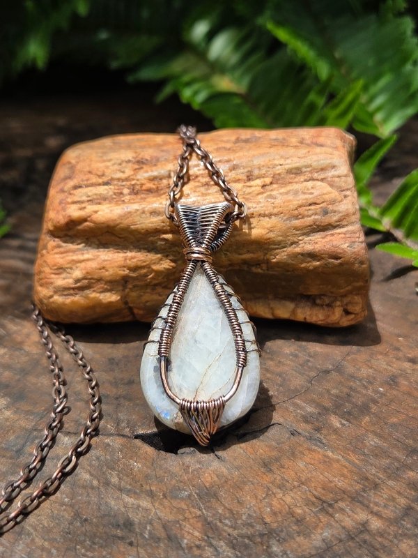 Rainbow Moonstone Copper Wire Wrapped Handmade Pendant Necklace - Jewellery Australia