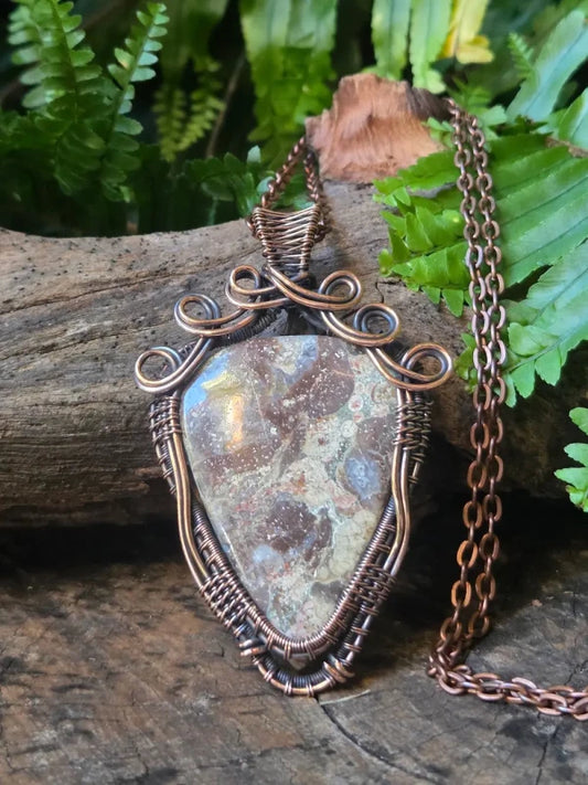 Rainforest Jasper Copper Wire Wrapped Handmade Pendant Necklace - Jewellery Australia