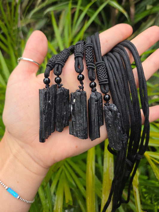 Jewellery Raw Black Tourmaline Pendant Necklace Adjustable Cord