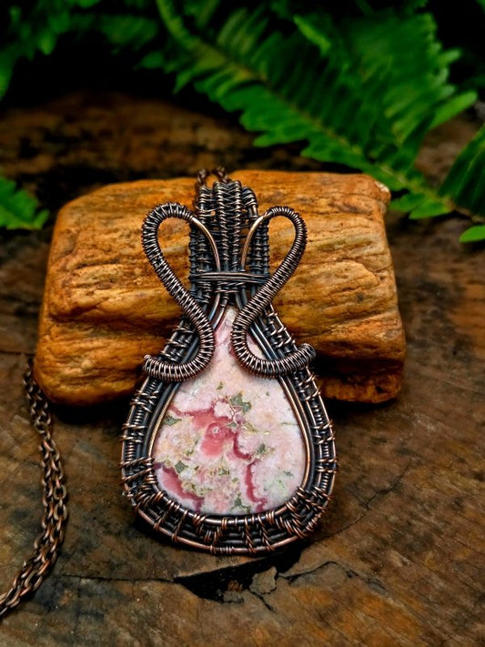 Rhodonite Copper Wire Wrapped Handmade Pendant Necklace - Jewellery Australia