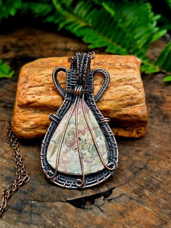 Rhodonite Copper Wire Wrapped Handmade Pendant Necklace - Jewellery Australia