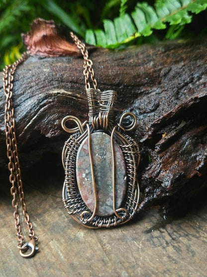 Rhodonite Copper Wire Wrapped Handmade Pendant Necklace - Jewellery Australia