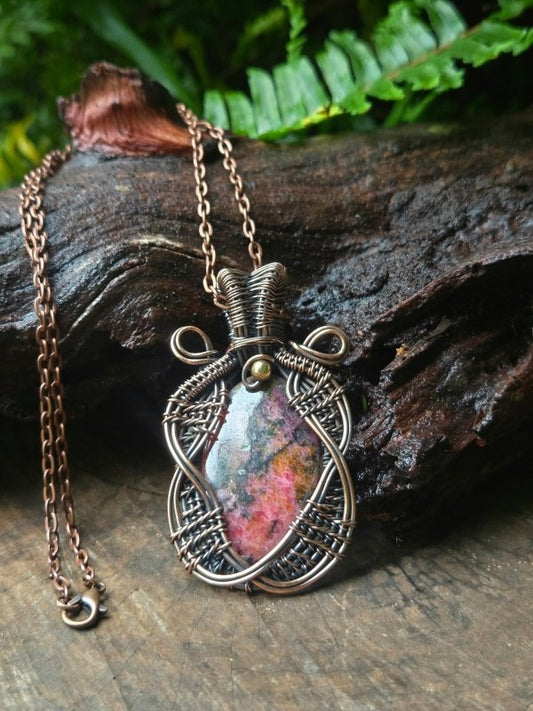 Rhodonite Copper Wire Wrapped Handmade Pendant Necklace - Jewellery Australia