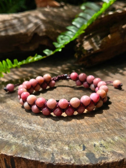Rhodonite Crystal Bracelet – Adjustable 6mm Beaded Macrame - Jewellery Australia