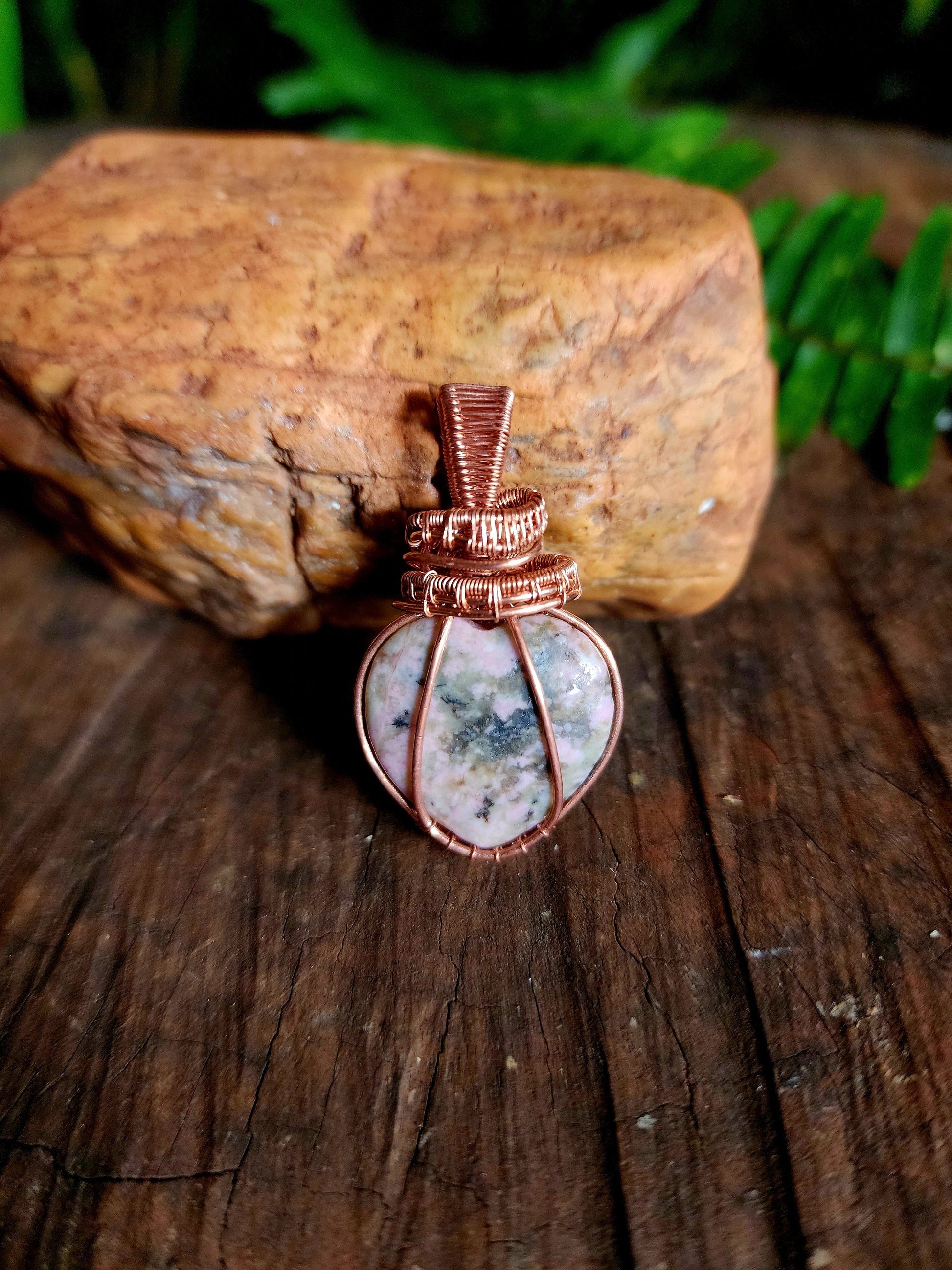 Copper Wire Wrap Crystal Rhodonite Heart Copper Wire Wrap Pendant Necklace