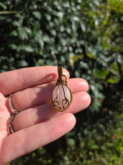 Jewellery Rose Quartz Bronze Copper Wire Wrapped Pendant Necklace