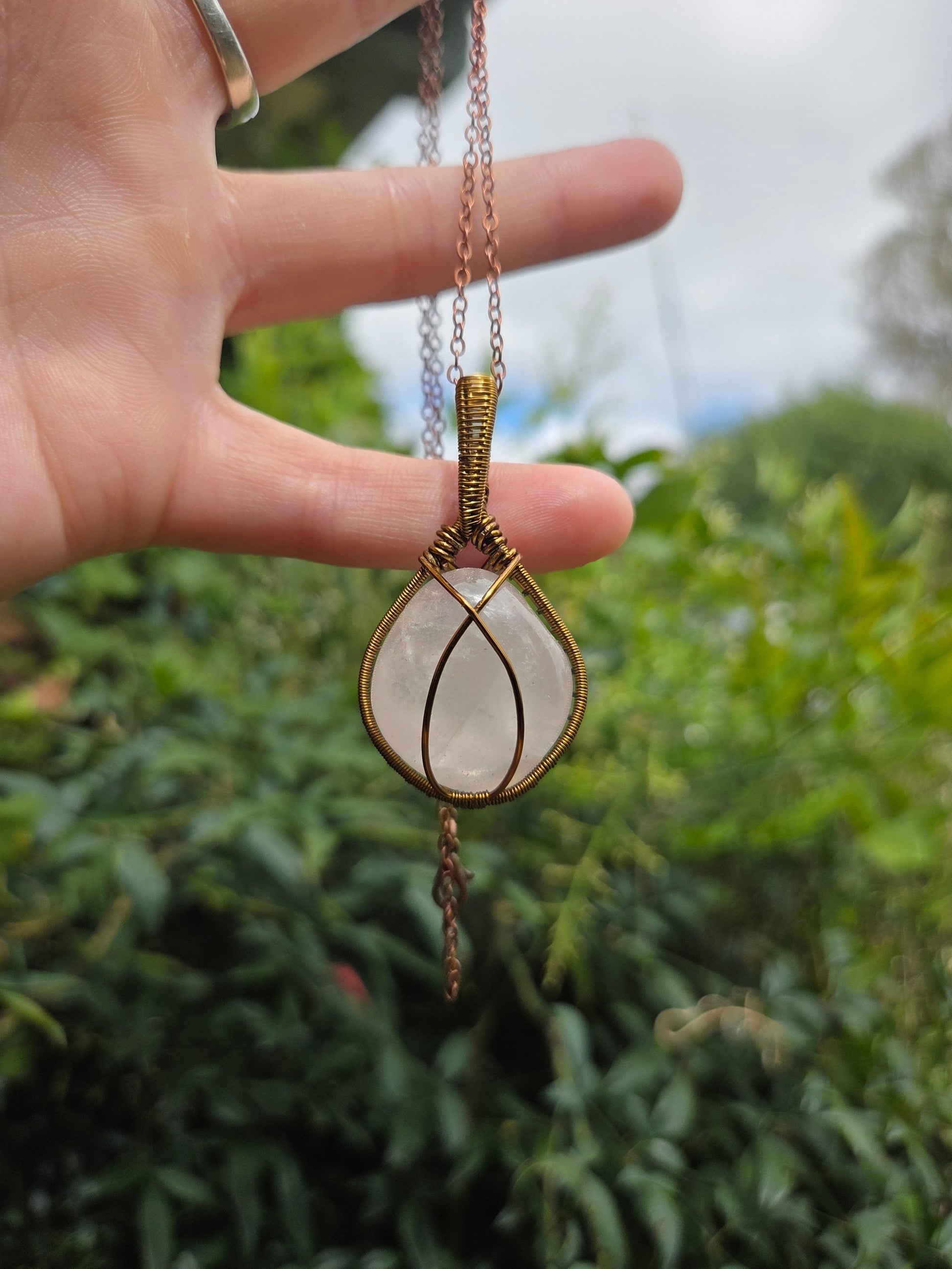 Copper Wire Wrap Crystal Rose Quartz Copper Wire Wrap Pendant Necklace Bronze