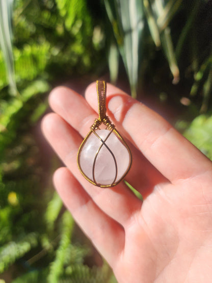 Copper Wire Wrap Crystal Rose Quartz Copper Wire Wrap Pendant Necklace Bronze