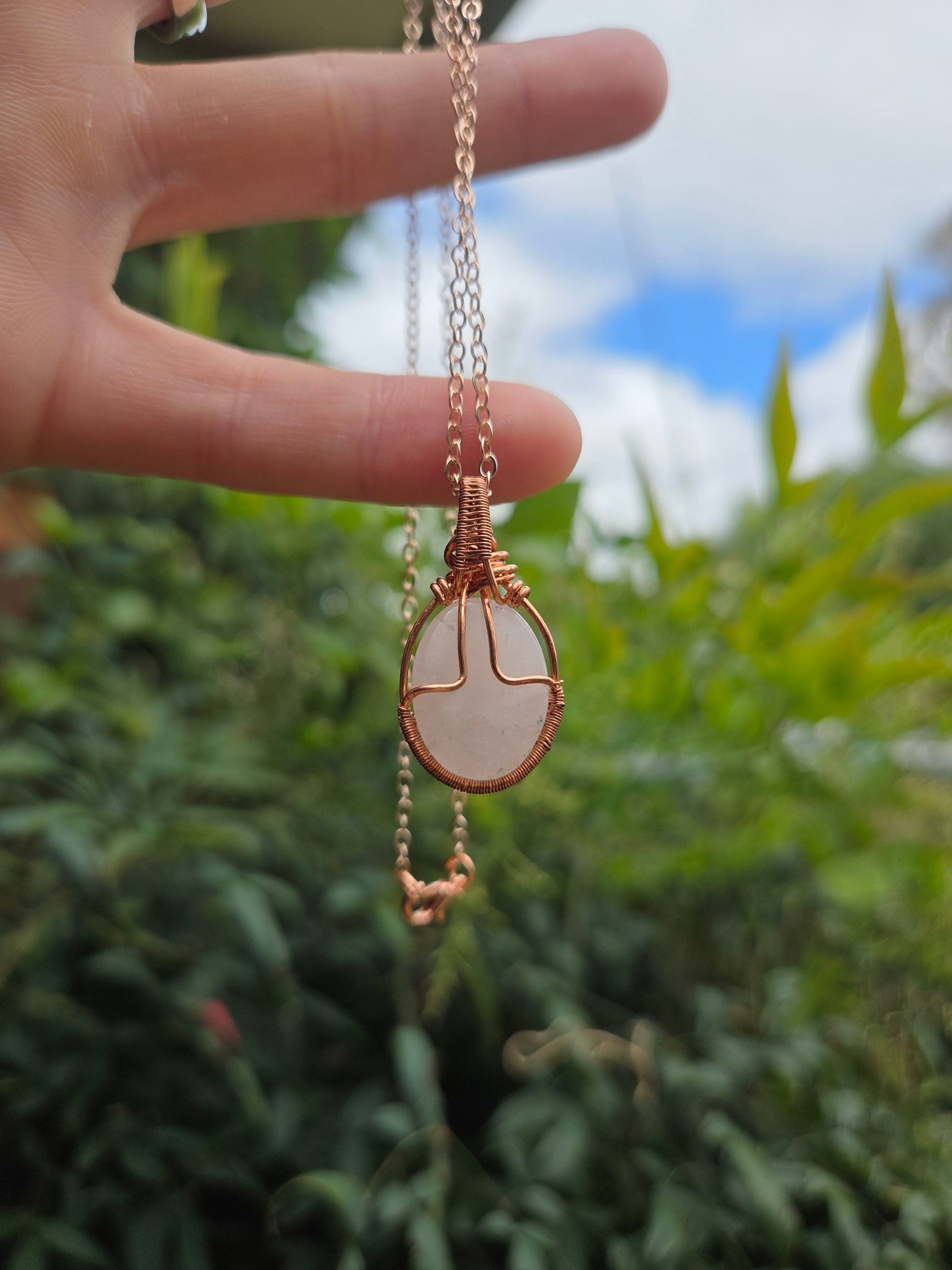 Copper Rose Quartz Copper Wire Wrapped Pendant Necklace
