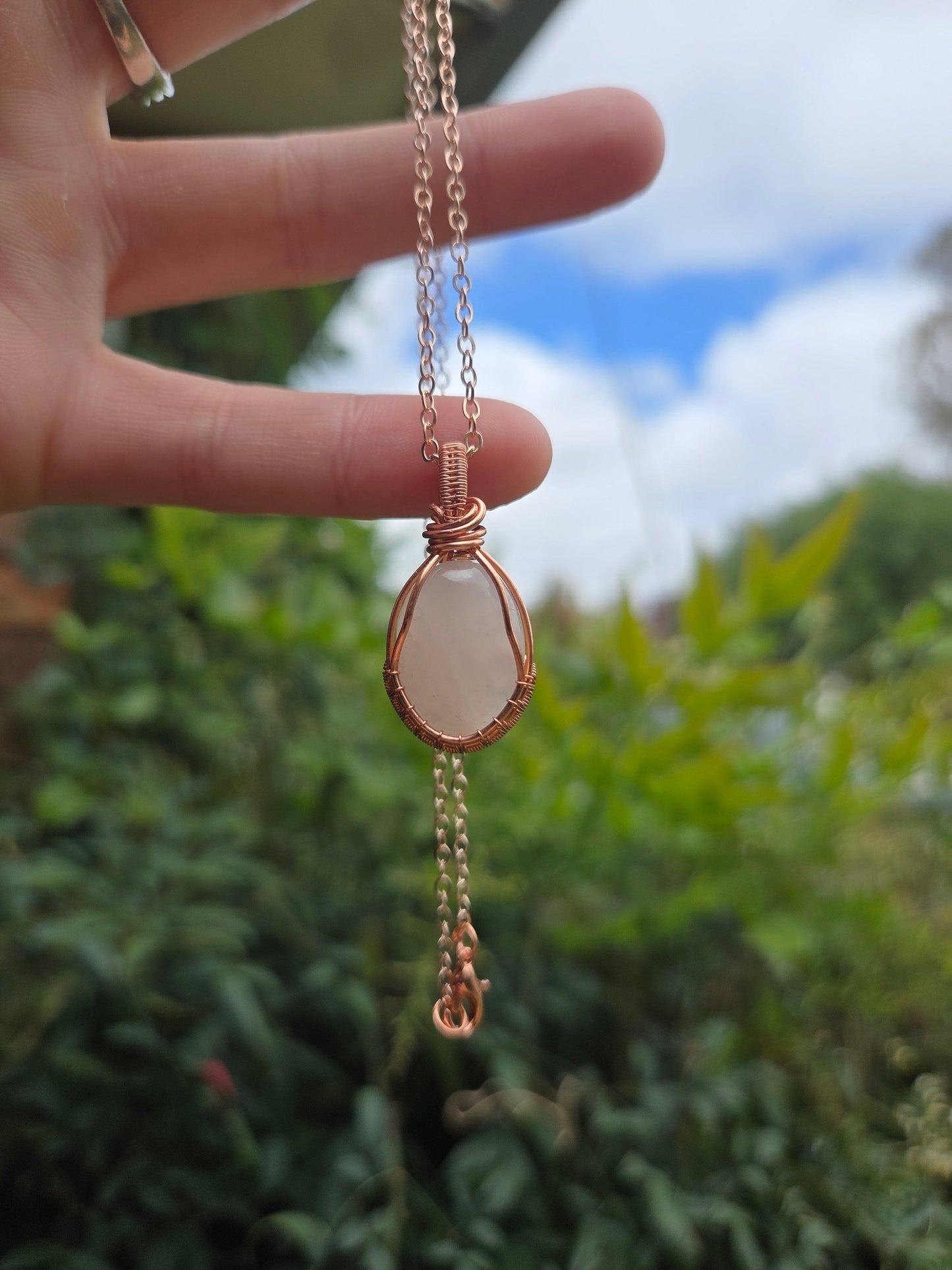Jewellery Rose Quartz Copper Wire Wrapped Pendant Necklace