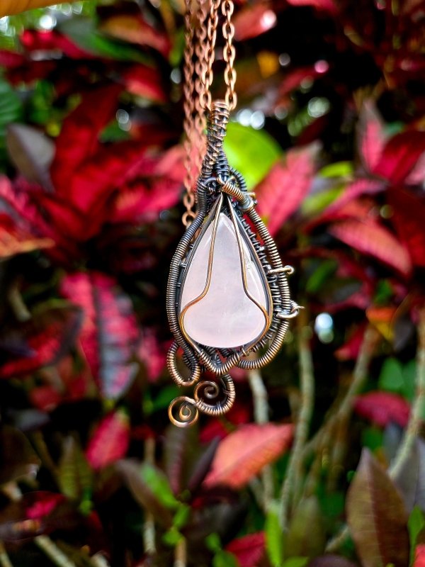 Rose Quartz Crystal Copper Wire Wrapped Pendant Necklace - Jewellery Australia