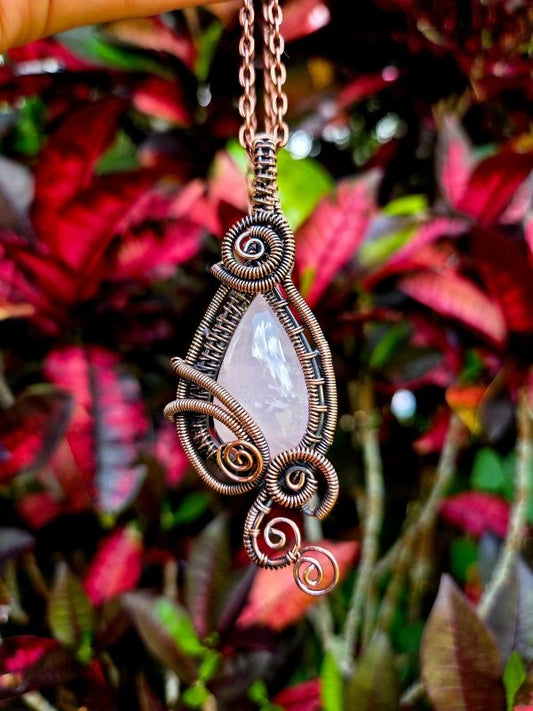 Rose Quartz Crystal Copper Wire Wrapped Pendant Necklace - Jewellery Australia