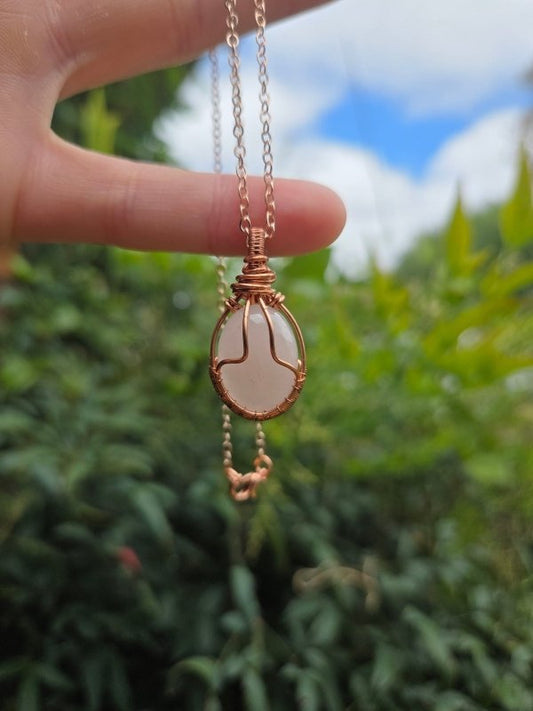 Rose Quartz Crystal Pendant Necklace - Copper Wire Wrapped - Copper Australia