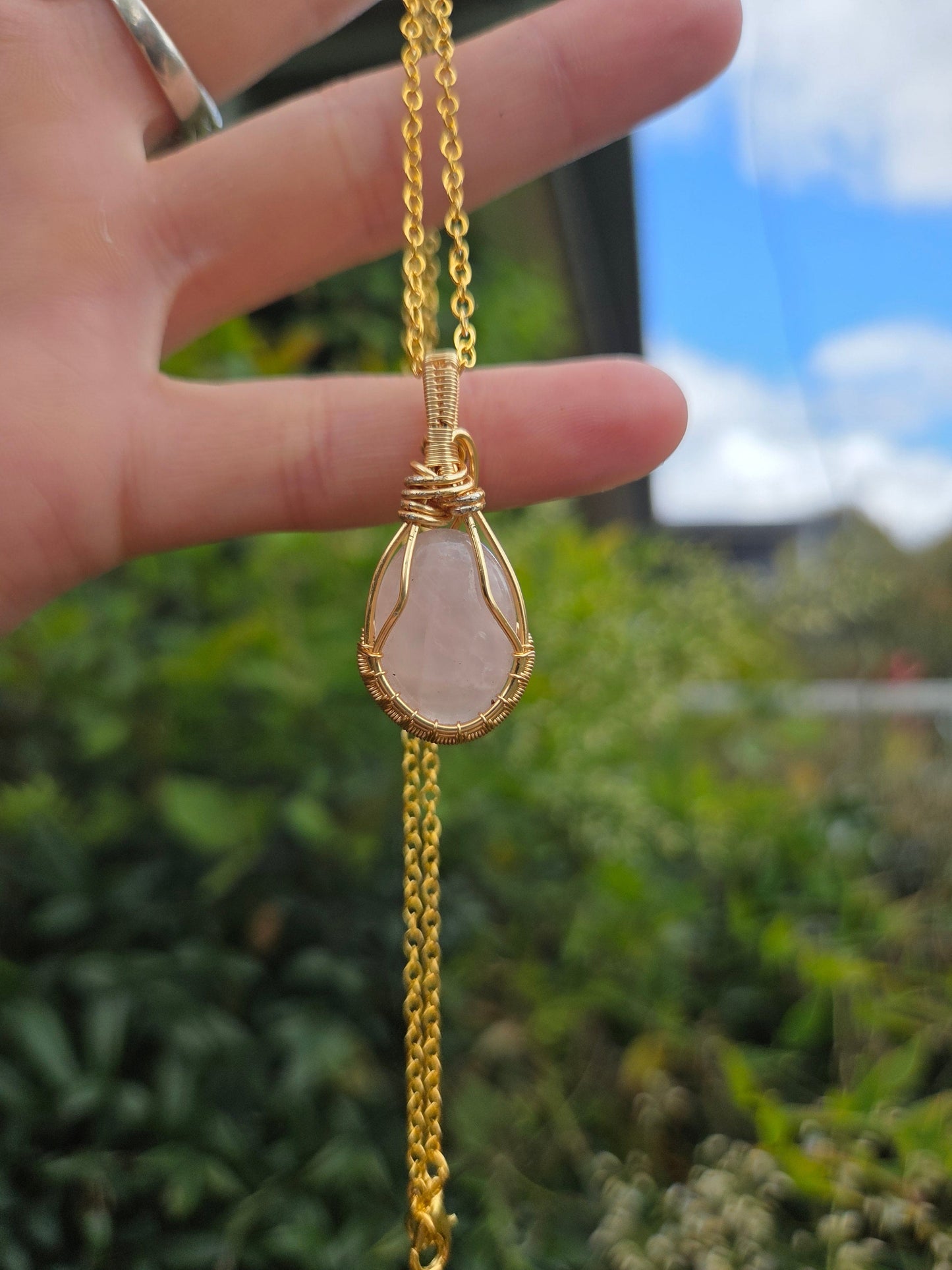 Copper Rose Quartz Gold Copper Wire Wrap Pendant Necklace