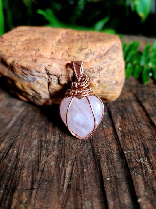 Rose Quartz Heart Copper Wire Wrapped Handmade Pendant - Copper Wire Wrap Crystal Australia