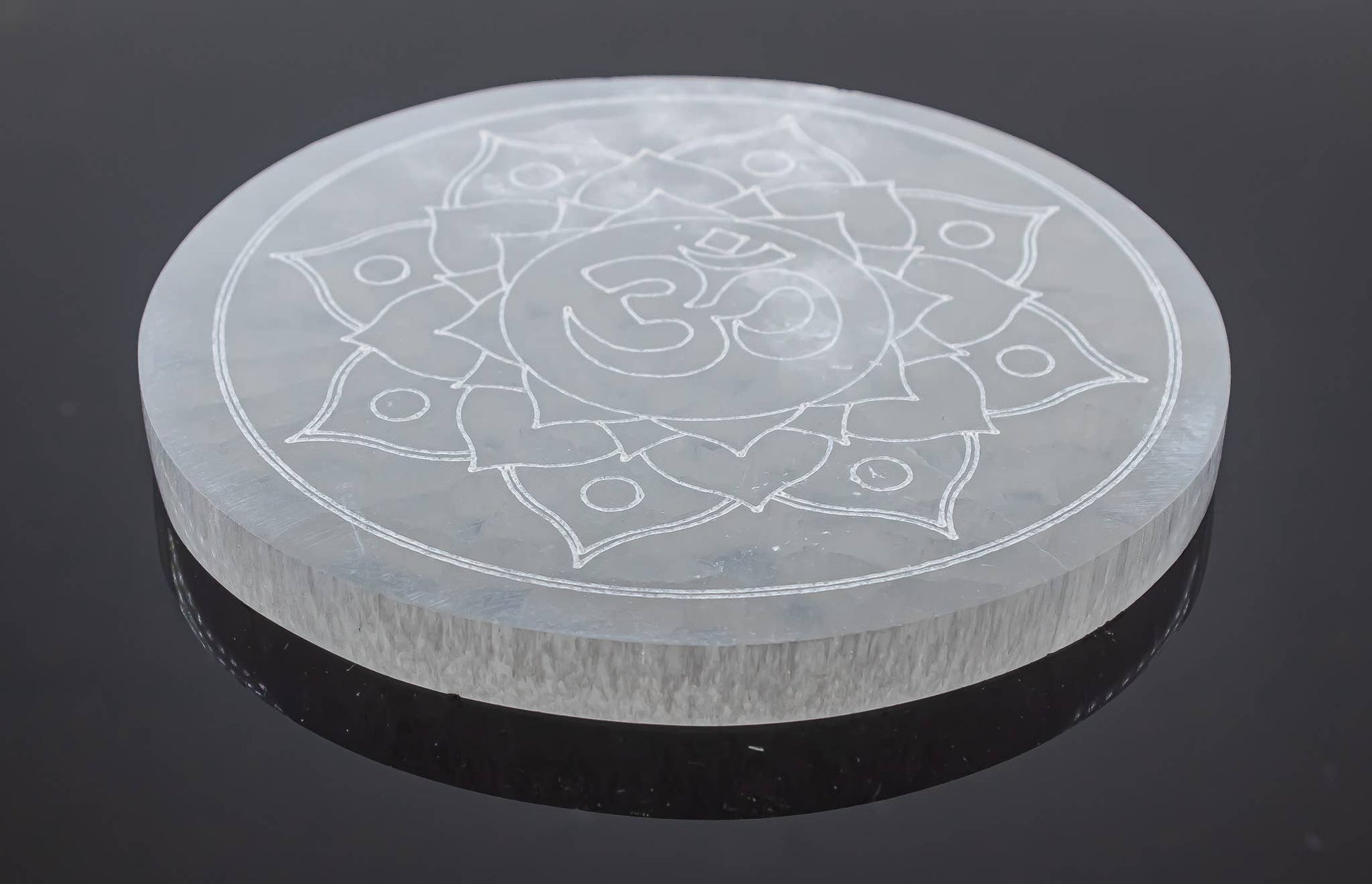 Crystals Selenite Engraved Round Om Lotus Charging Plate 14cm