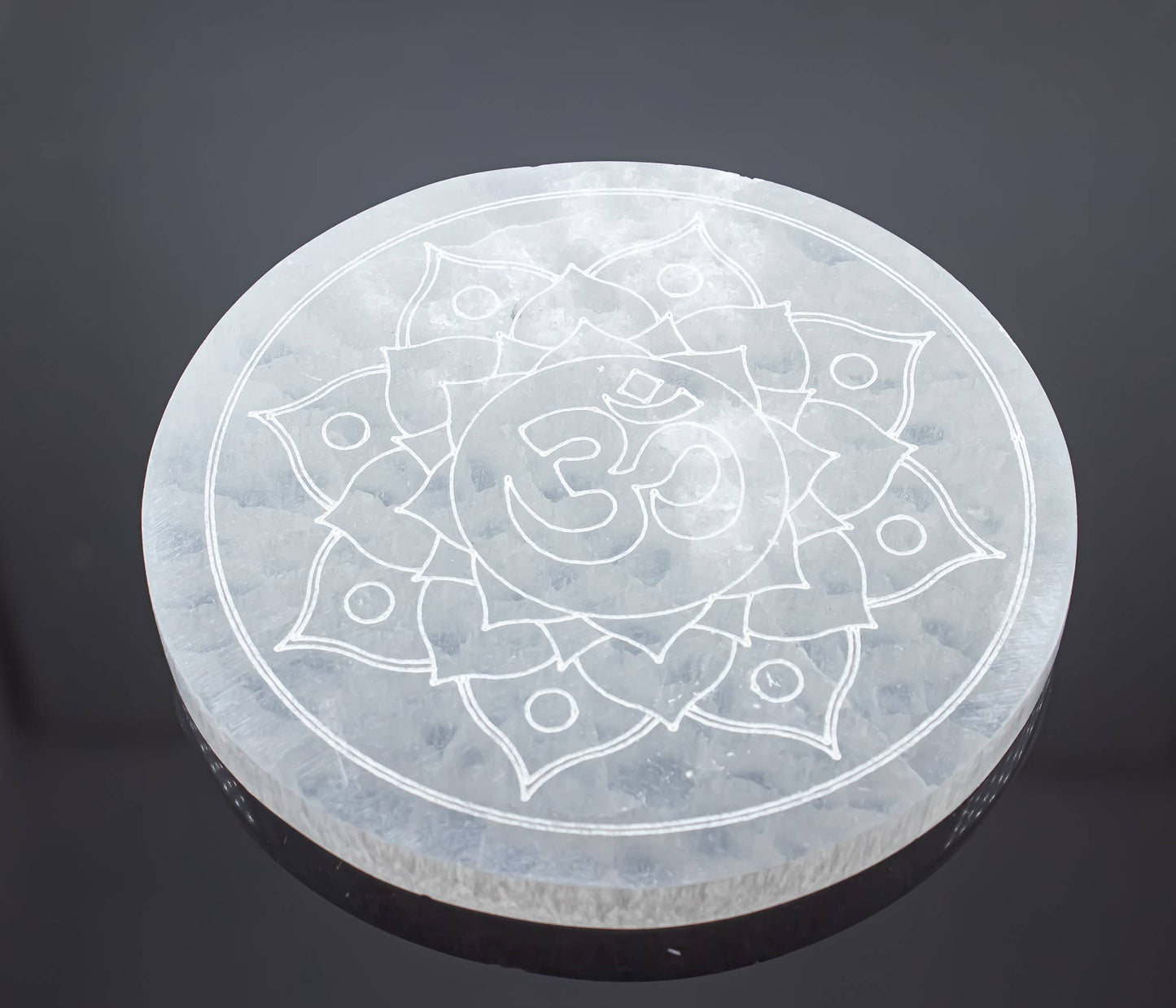 Crystals Selenite Engraved Round Om Lotus Charging Plate 14cm
