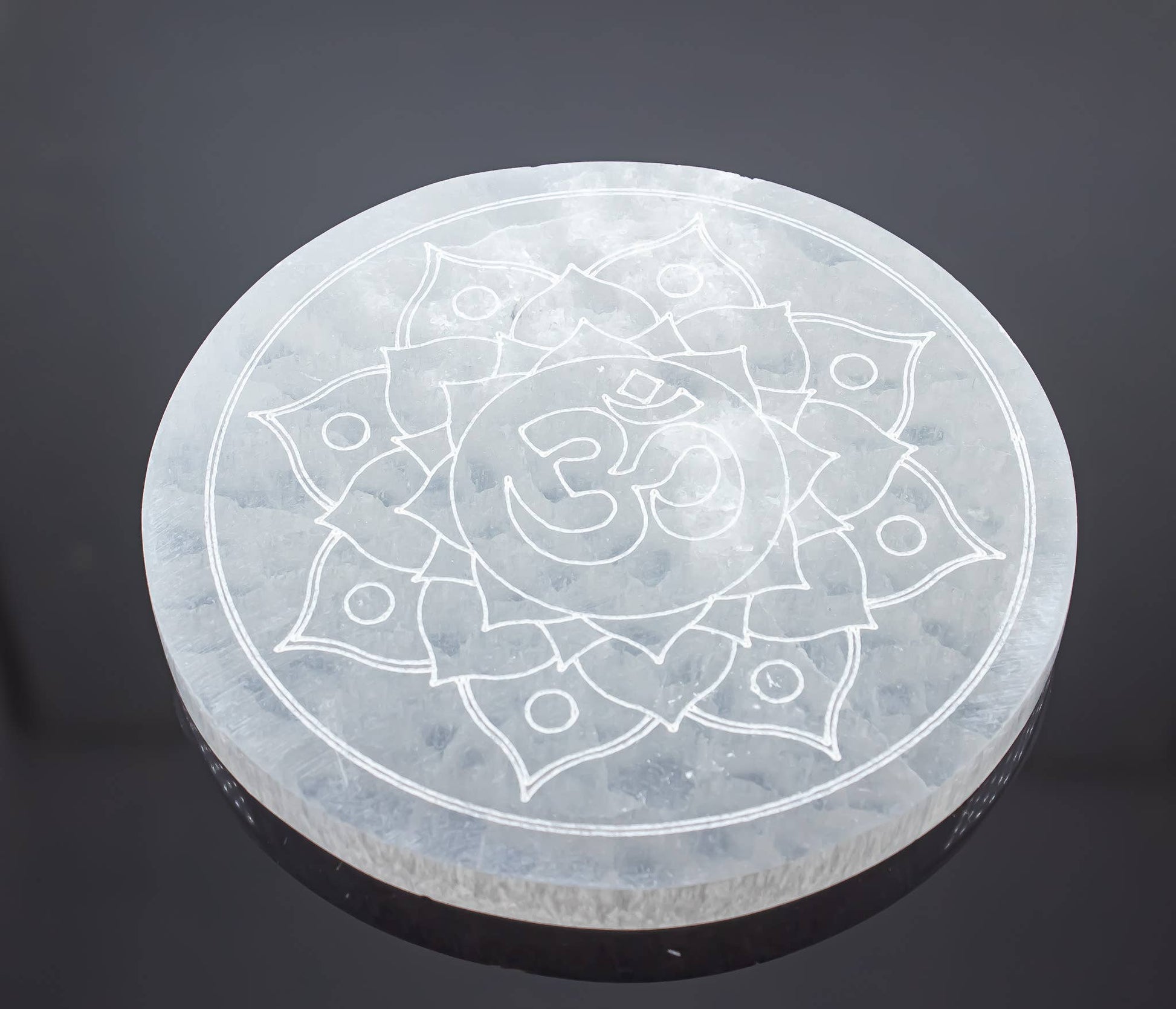 Crystals Selenite Engraved Round Om Lotus Charging Plate 14cm