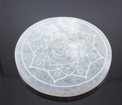 Crystals Selenite Engraved Round Om Lotus Charging Plate 14cm