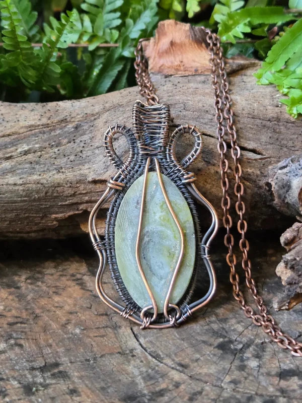 Serpentine Copper Wire Wrapped Pendant Necklace - Jewellery Australia