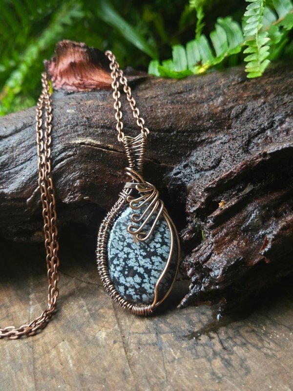 Snowflake Obsidian Copper Wire Wrapped Handmade Pendant Necklace - Jewellery Australia